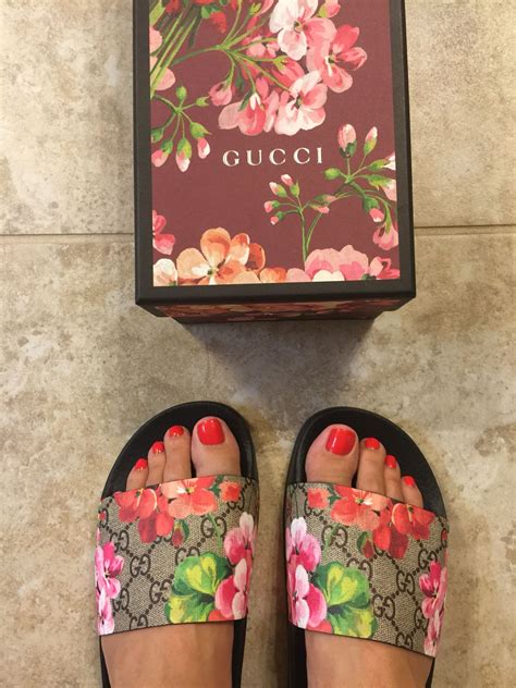 gucci slides pink flowers|Gucci floral slides outfit.